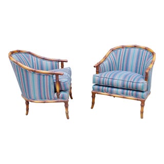 Vintage Faux Bamboo Hollywood Regency Barrel Club Chairs - a Pair For Sale