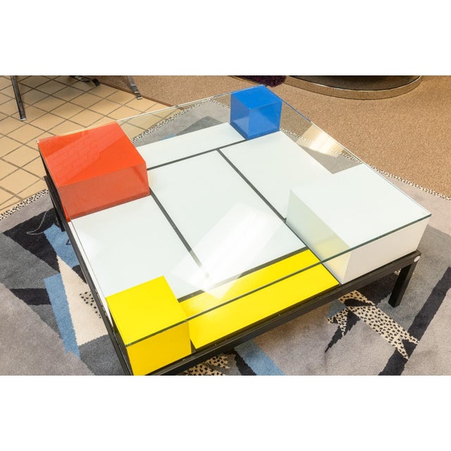 White Custom Made Piet Mondrian Style Postmodern Square Glass and Wood Coffee Table For Sale - Image 8 of 10