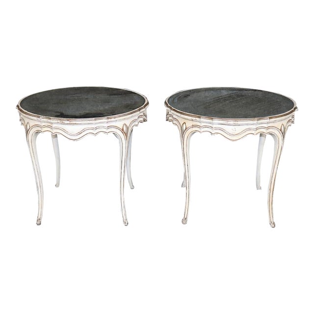 Pair French Louis XV Style Parcel Gilt Distressed Mirror Top End Tables For Sale
