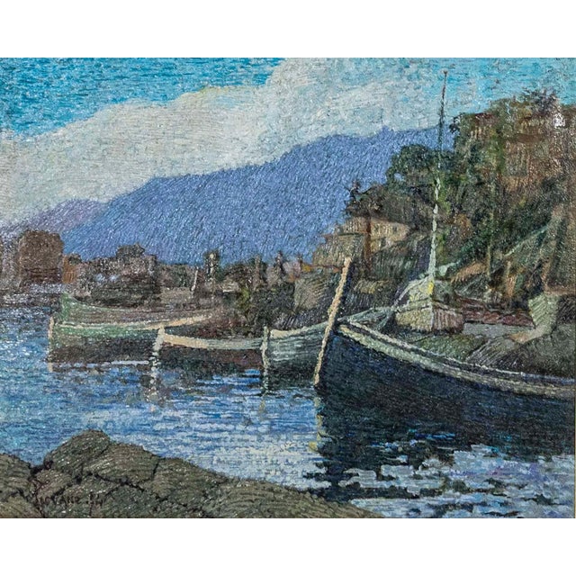 Post Impressionist Ferruccio Piovano, Port of Camogli, Oil on Cardboard, Signed, 1974 For Sale - Image 3 of 9