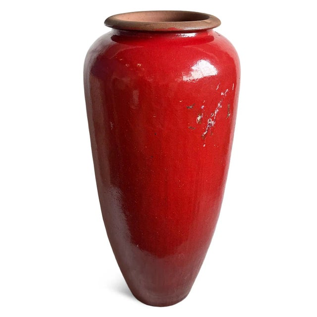 Vintage Asian Tall Red Ceramic Urn For Sale - Image 4 of 8