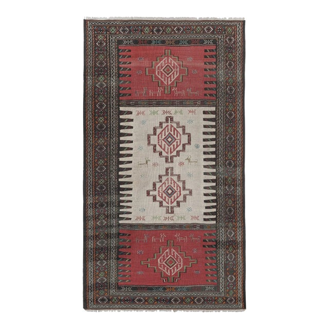 1960s Vintage Animal Turkish Soumac Kilim Rug 3'6'' X 6'1'' For Sale