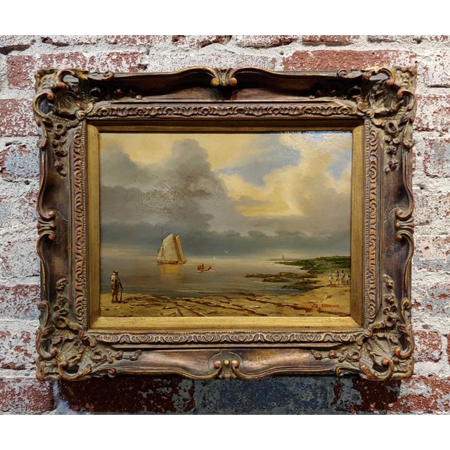 J. Brown 1920s Tranquil Seashore Scene With Human Activities - Oil Painting For Sale - Image 9 of 9