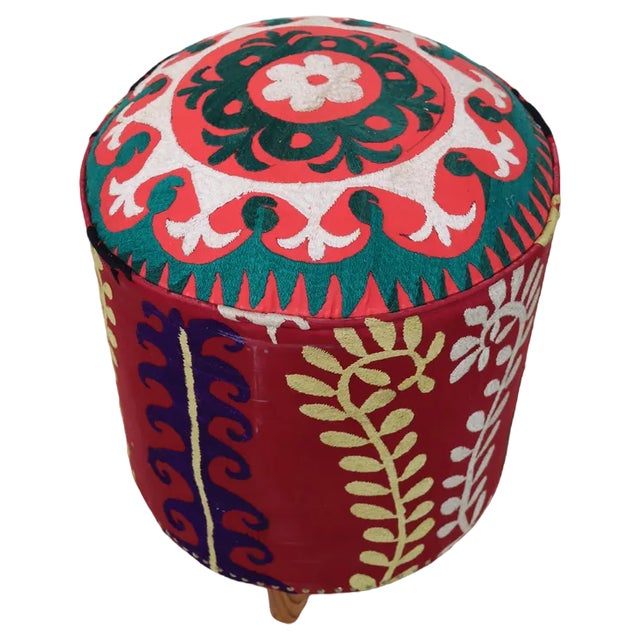Vintage Oriental Stool with Suzani Upholstery, 1950s For Sale