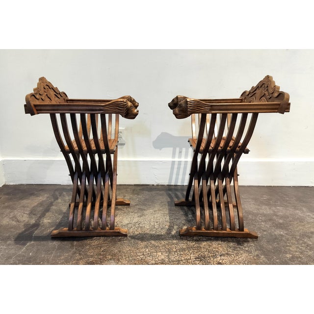 Pair of Italian Mid Century Savonarola Lion Head Wood Folding Chairs For Sale - Image 4 of 11