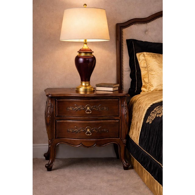 Chestnut Pair of Vintage French Provincial Bombe-Style Solid Wood End Tables — Nightstands For Sale - Image 8 of 10