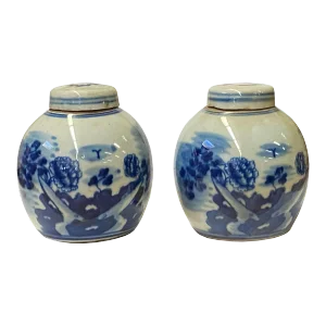 Pair Blue White Mini Oriental Large Flower Porcelain Ginger Jars