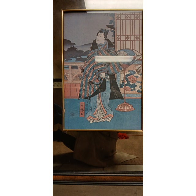 1960s Vintage Japanese Ink on Paper Woodblock Print Triptych - Framed Mirror Art For Sale - Image 10 of 12