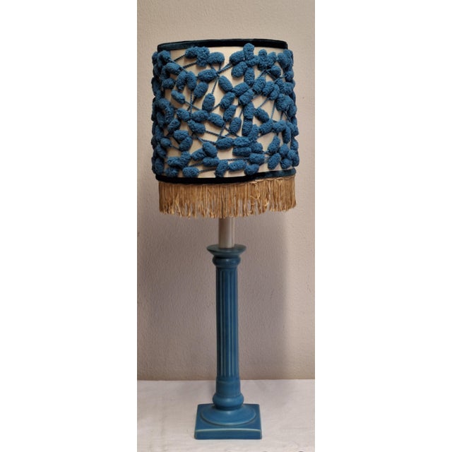 Vintage Table Lamp with Blue Ceramic Base and Fabric Shade by Lamplove, 1980s, in Very Good conditions. Designed 1980 to...