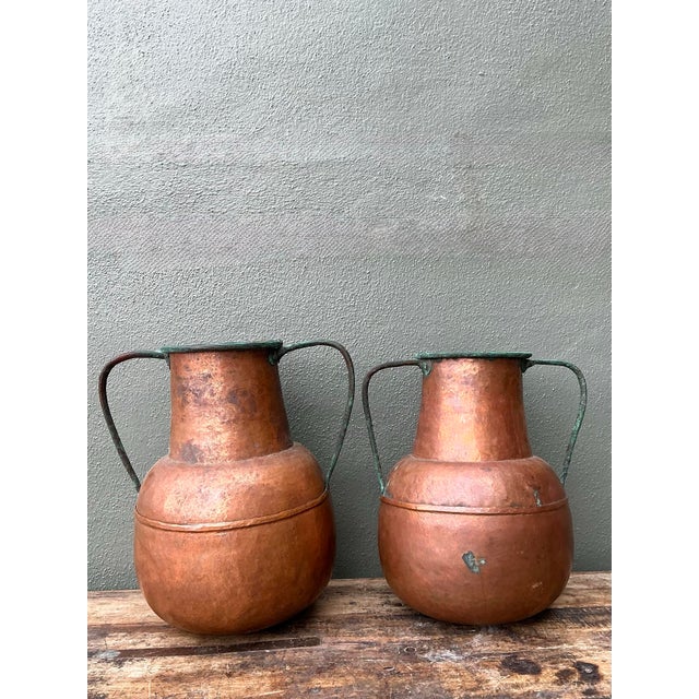 Vintage Moroccan Patinated Hammered Copper Water Jugs - A Pair For Sale - Image 12 of 12