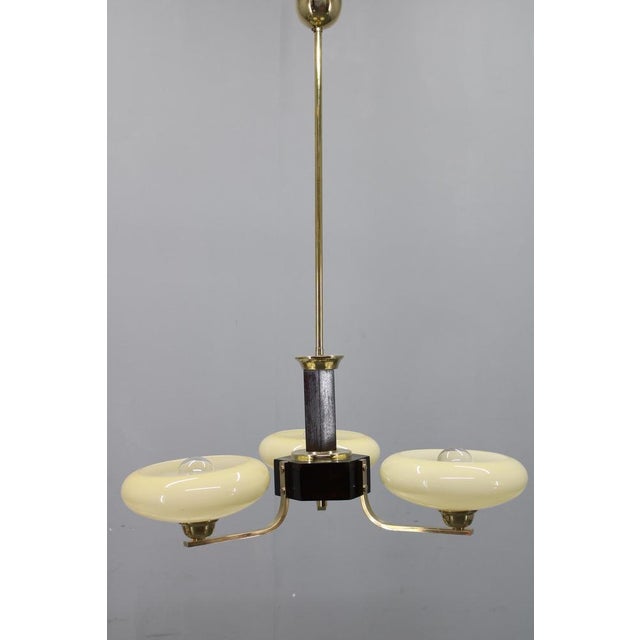 Art Deco Brass, Glass, and Wood Chandelier with Champagne Glass, Czechoslovakia, 1930s For Sale - Image 4 of 12
