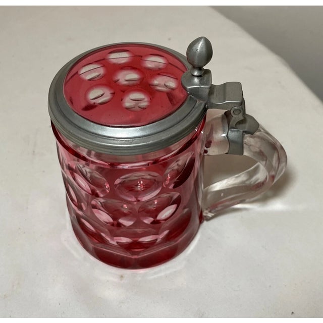 Metal Rare Antique Hand Cut to Clear Ruby Glass Pewter Czech Lidded Beer Stein Mug For Sale - Image 7 of 12