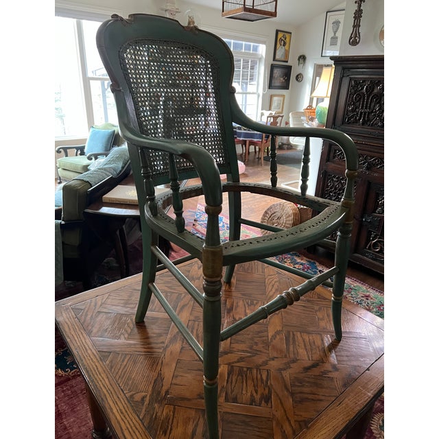Green Pair Italian Neoclassical Painted Cane Back Armchairs – Chiavari Style, Mid-Century Italian Export Chairs a Pair For Sale - Image 8 of 11