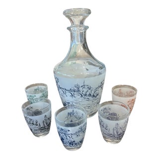 Mid 20th Century French Frosted Scenic Glass 7.5” Decanter & 5 Cordial Glasses, 6 Piece Set For Sale