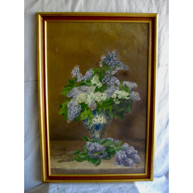 Lovely 19 century oil painting showing a Delft porcelain vase with glycine flowers , the play with colors is a reel...