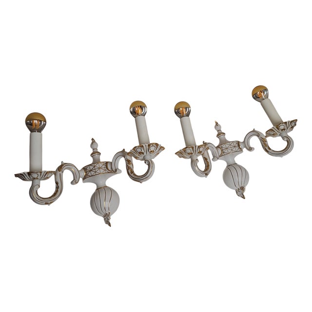 Vintage Wall Lamps in White Glazed Porcelain with Gold Decoration, 1970s, Set of 2 For Sale