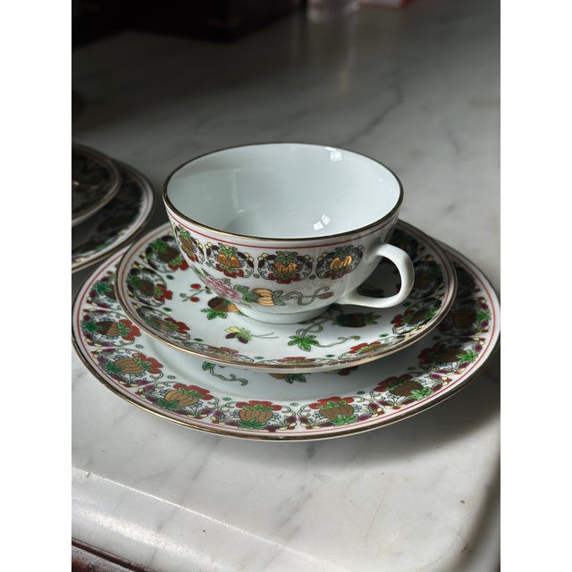 Mid 20th Century Rare Vintage Jingdezhen Famille Rose "Pineapple & Butterfly" Porcelain Teacup Trio Set - 6 Pieces For Sale - Image 5 of 12