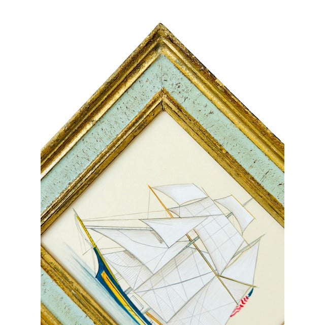 Nautical Original Hand-Painted Sailboat Painting in a Vintage Italian Frame For Sale - Image 3 of 4