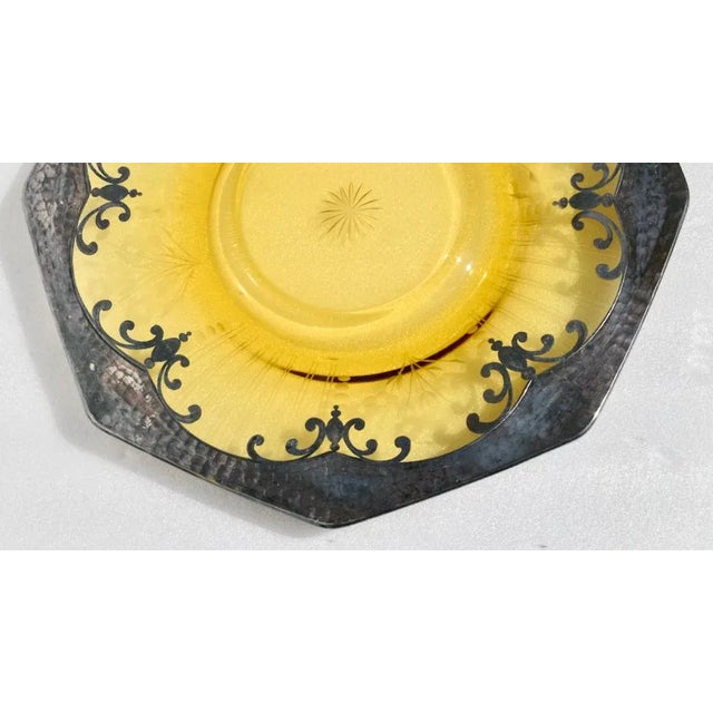 Antique Shaped Amber Etched & Cut Glass Decorative Plate W/Silver Overlay For Sale In Philadelphia - Image 6 of 13