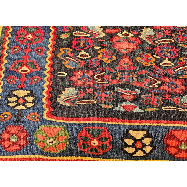 Vintage Senneh Kilim Rug, Handwoven Wool & Cotton, Medallion Pattern, Navy & Ivory, 4x6 For Sale - Image 15 of 16