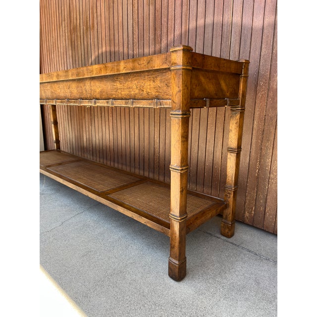 1970s 1970s Drexel Heritage Sofa Console Table With Burled Wood Top and Caned Shelf For Sale - Image 5 of 10