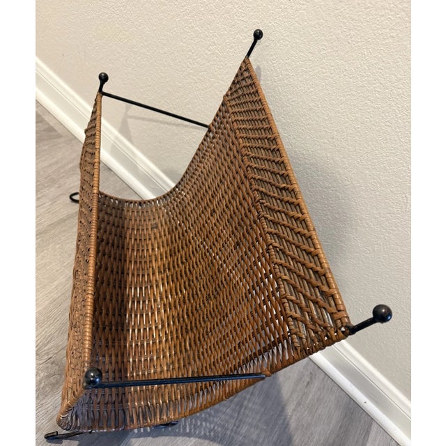 Mid-Century Modern Vintage Mid Century Modern Black Iron & Wicker Rattan Magazine Rack For Sale - Image 3 of 5