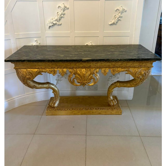 Ornamental & Decorative Materials Antique Baroque Revival Italian Giltwood Console Tables with Breccia Marble Tops and Lion's Paw Supports, 1850s, Set of 2 For Sale - Image 7 of 15