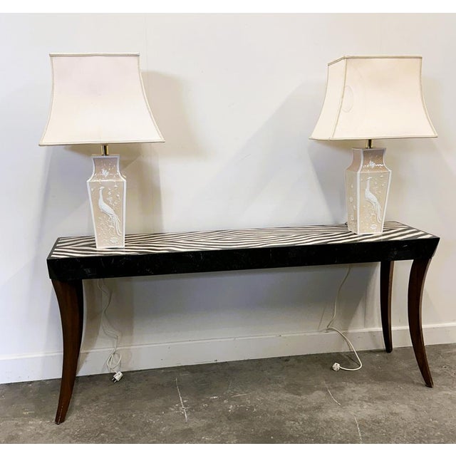 Large Cream Ceramic Table Lamps with Relief Peacocks and Fabric Shades, Set of 2 For Sale - Image 11 of 16