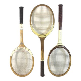 Curated Set of Vintage Sport Tennis Rackets for Designer Decorating Wood Racquet Set of Three Sports Equipment For Sale