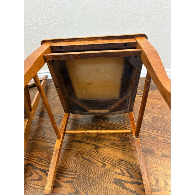 Pair of Antique Arts & Crafts Mission Quarter-Sawn Tiger Oak Dining Chairs With Embossed Leather Seats For Sale In Denver - Image 6 of 11