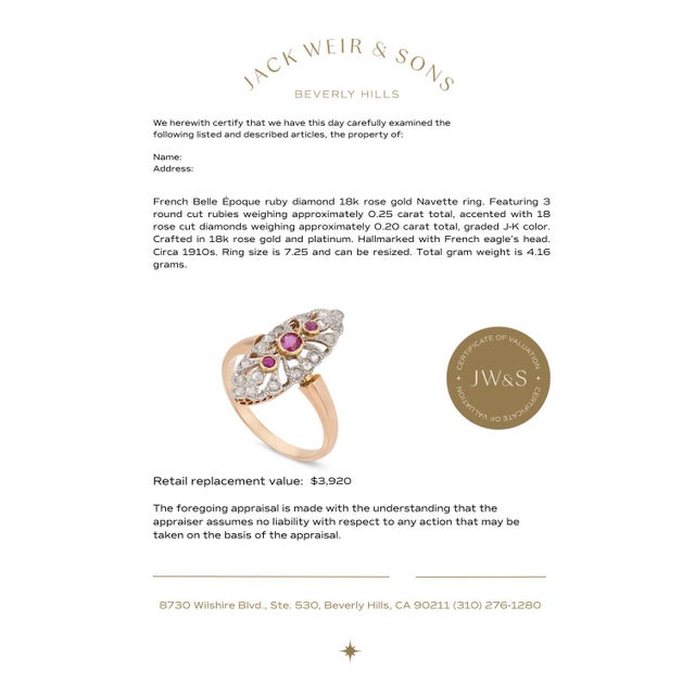 Metal 1910s French Belle Époque Ruby Diamond 18k Rose Gold Navette Ring, Size 7.25 For Sale - Image 7 of 7