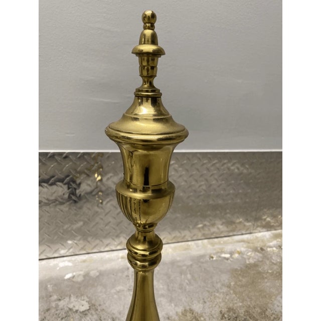 Traditional Antique Federal Style Brass 6 Piece Set Fireplace Andiron & Tools For Sale - Image 3 of 7