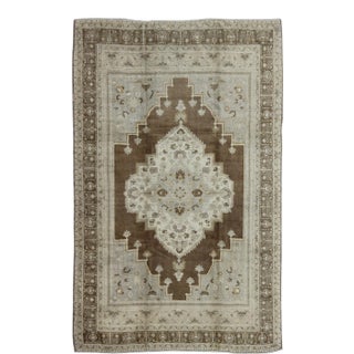Vintage Turkish Oushak Rug in Brown Background and Neutral Colors 7'4 X 11'4 For Sale