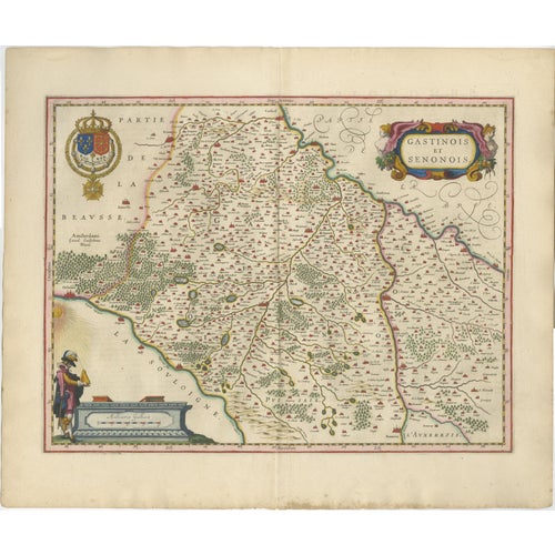 Antique Hand-Colored Map of Gâtinais & Sénonais from Blaeu, France, 1642 For Sale