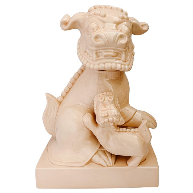 Chinoiserie Large Scale Vintage Monochrome Blush Pink Glazed Ceramic Foo Dogs - A Pair For Sale - Image 3 of 17