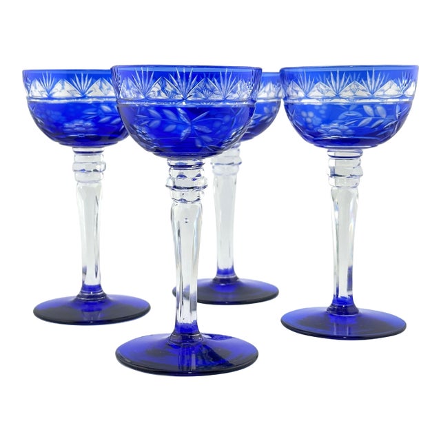 1980s Cobalt Cut-to-Clear Bohemian Stemware | Set of 4 Tasting / Cordial Glasses For Sale