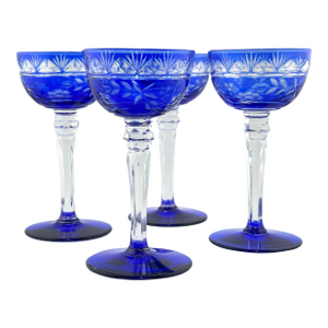 1980s Cobalt Cut-to-Clear Bohemian Stemware | Set of 4 Tasting / Cordial Glasses