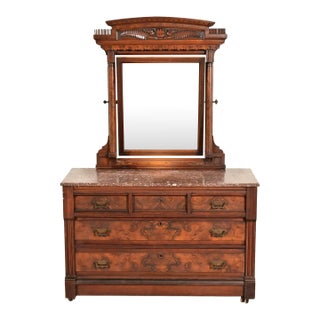 Herter Brothers Style Antique Eastlake Victorian Carved Burled Walnut Marble Top Dresser With Mirror, Circa 1880s For Sale