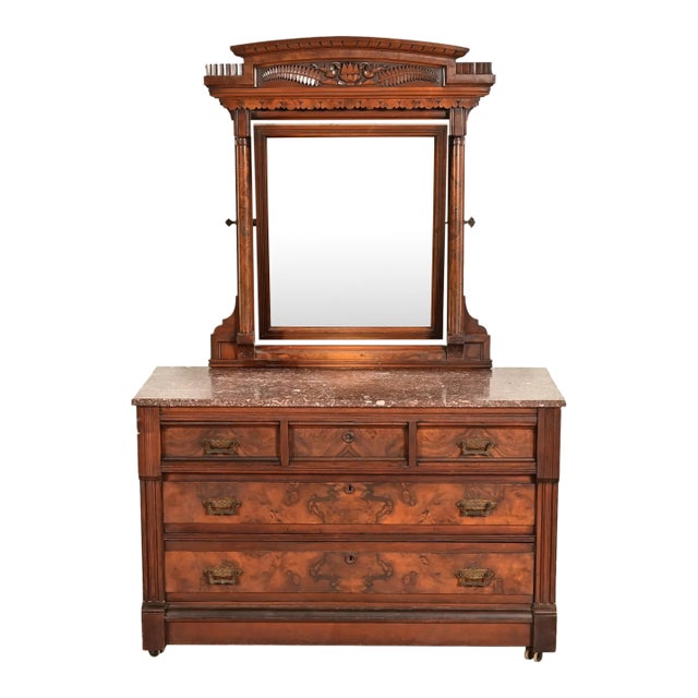 Herter Brothers Style Antique Eastlake Victorian Carved Burled Walnut Marble Top Dresser With Mirror, Circa 1880s For Sale