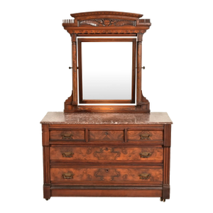 Herter Brothers Style Antique Eastlake Victorian Carved Burled Walnut Marble Top Dresser With Mirror, Circa 1880s
