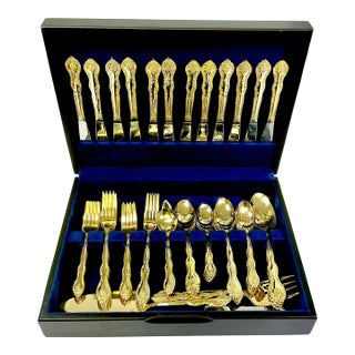 1970s Vintage Hollywood Regency Baroque Gold Electro Plated Flatware, Service for 11 - Set of 69 For Sale