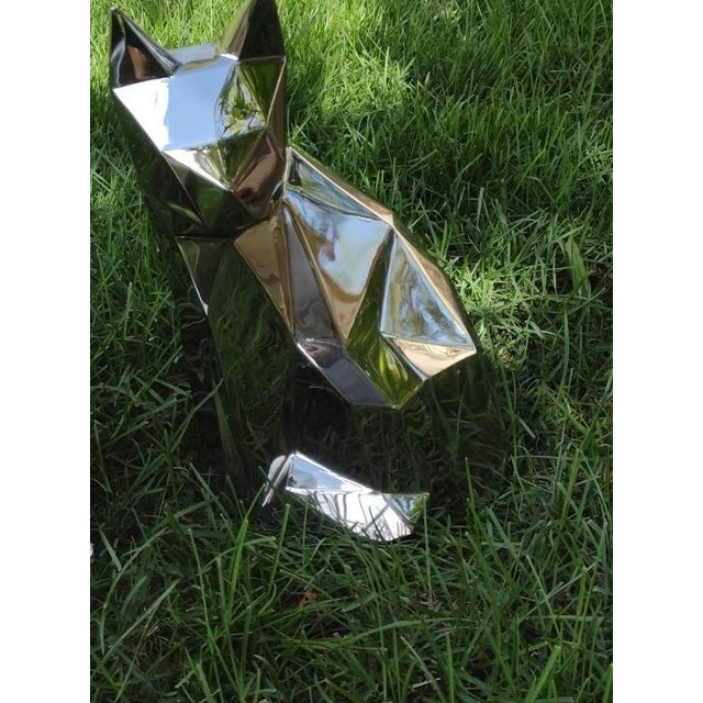 Geometric Cat Sculpture in Polished Stainless Steel, 11"x7"x15" Cat Sitting Half-Turned For Sale - Image 4 of 4