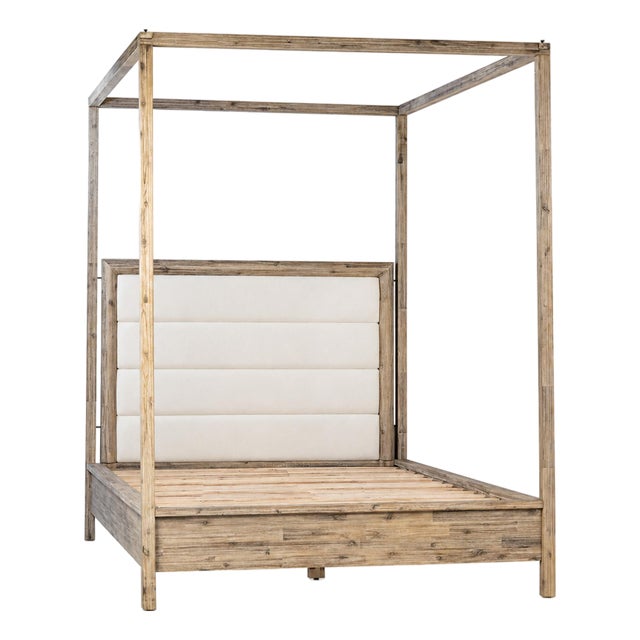 Natural Acacia & Ivory Upholstered Canopy Queen Bed For Sale
