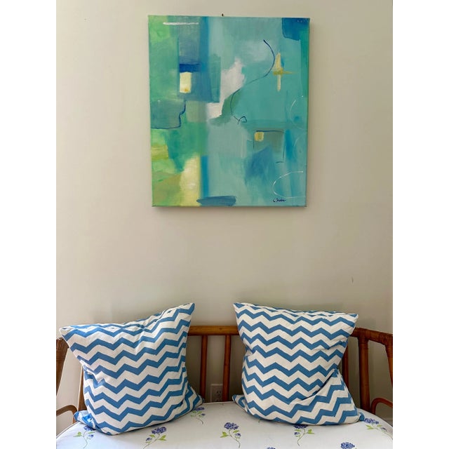 Abstract Abstract Oil Painting With Blue and Green and White by Christine Frisbee "Taking a Walk Around the Block" For Sale - Image 3 of 8