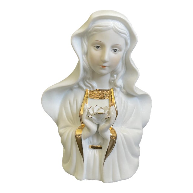 Vintage Gold Gild Bisque Porcelain Madonna Virgin Mary Holding Rose Bust Figurine For Sale