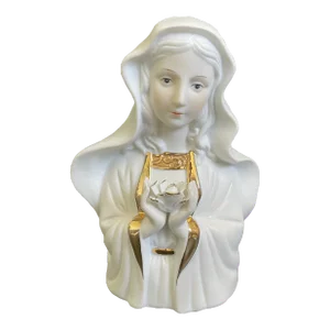 Vintage Gold Gild Bisque Porcelain Madonna Virgin Mary Holding Rose Bust Figurine