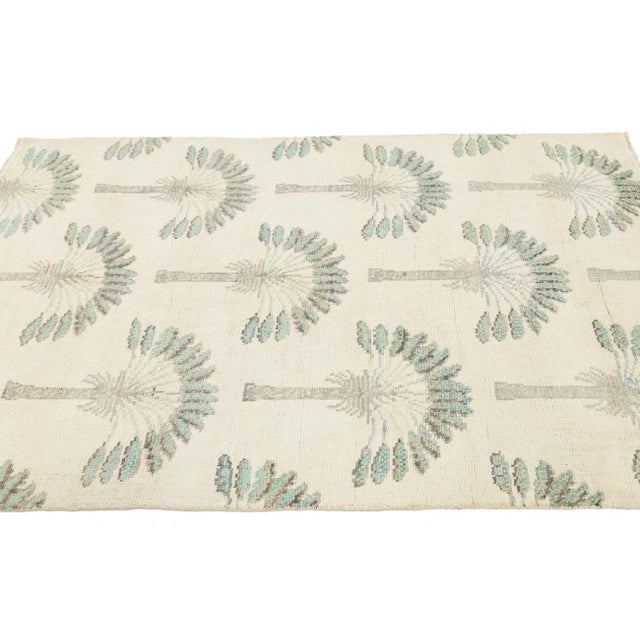 2020s Art Deco Inspired Modern Palm Tree Wool Rug in Neutral Cream 4x6 For Sale - Image 5 of 9