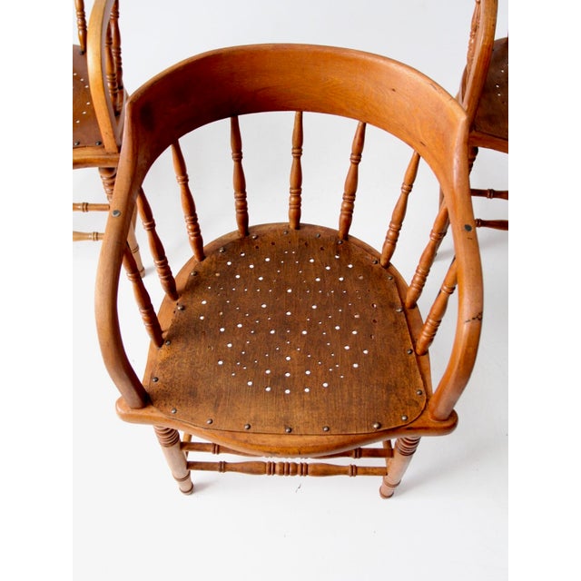 Antique Wood Captain's Chairs Set 3 For Sale - Image 6 of 15
