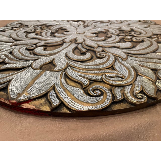 Contemporary Oversized Baroque Filigree Round Carved Medallion Wall Plaque With Metallic Micro-Beading For Sale - Image 3 of 12