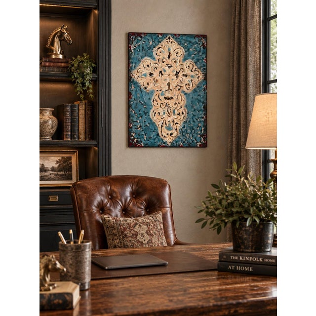 Distressed Teal & Ivory Fleur-De-Lis Metal Wall Art – 14” X 19” For Sale - Image 10 of 10